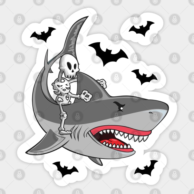 Skeleton Riding Shark Funny Halloween Boys Girls Kids Sticker by NAMTO